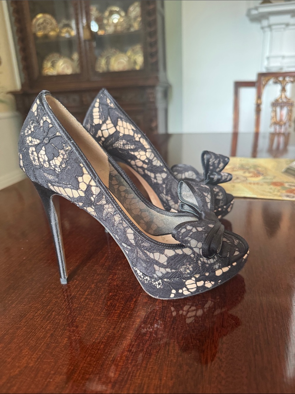 Valentino Black Lace Peep-Toe Platform Pumps with Bow